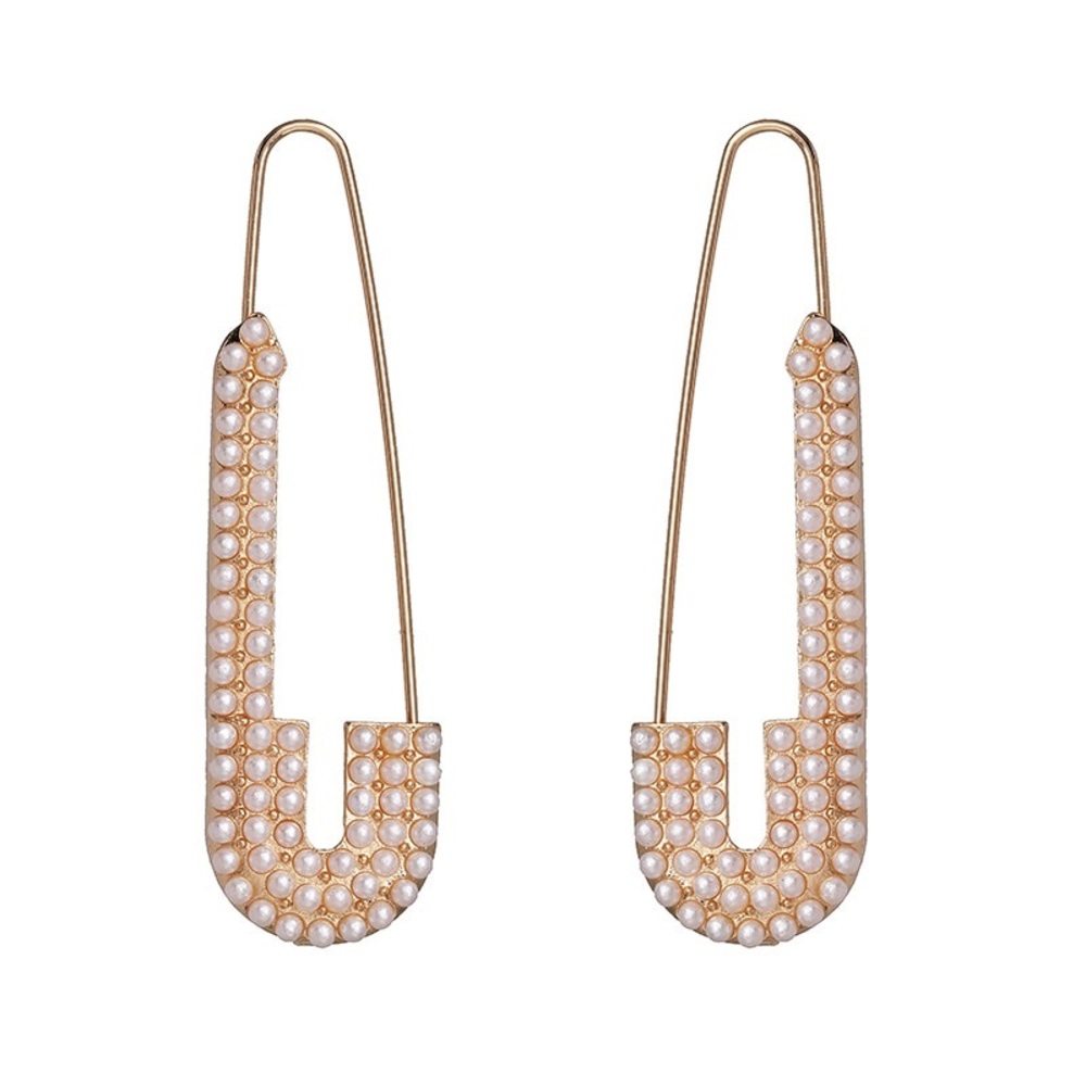 Gold Safety Pin Earrings with Faux Pearls
